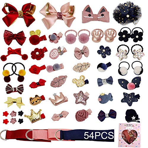 VEGCOO 54 Piezas Clips Pelo Bebe Niña y Gomas del pelo Elásticos, Multicolor Horquillas Pelo Pinzas Diademas Accesorios para El Cabello con Caja de Regalo para Niña (Style 1)
