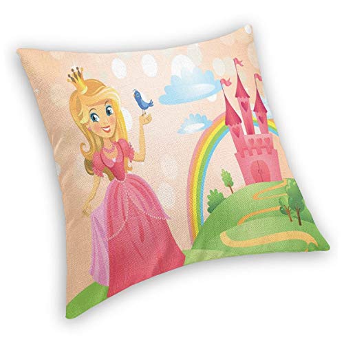 Velvet Soft Decorative Square Accent Throw Pillow Covers Cushion Case,Young Beauty with Crown and A Bird In Her Palm Standing On A Road To Her Castle,for Sofa Bedroom Car, 18 x 18 Inches