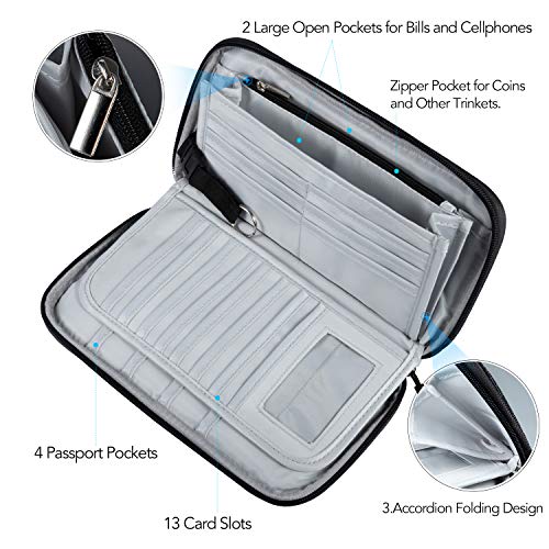 Vemingo Cartera para Pasaporte, Cartera Pasaporte para Viaje,Cartera Pasaporte para Familia con RFID 4 Pasaportes,13 Tarjetas de Crédito, Carnet de Identidad, Billetes de Avión 25 * 14 (Negro)
