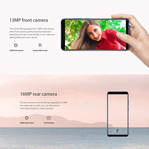 Vernee M6 Teléfono Móvil Android, Pantalla 5.7 Pulgadas, 3300 mAh, 4GB RAM+64GB ROM, Cámara Doble 16MP+13MP, Desbloqueo Rápido Huella, Dual SIM y Dual Navegación, Smartphone Libre 4G - Azul