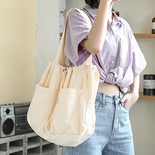 Versión Coreana del Bolso De La Boca De La Viga con Cordón Informal Bolso De Lona De Lavado De Gran Capacidad Casual Bolso De Hombro De Color Sólido (Lona) Beige