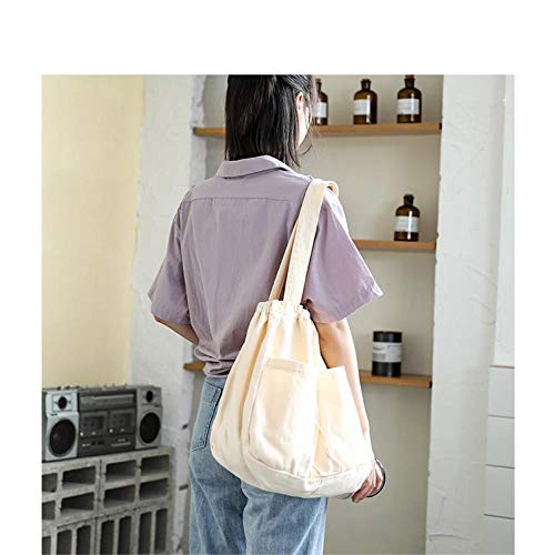 Versión Coreana del Bolso De La Boca De La Viga con Cordón Informal Bolso De Lona De Lavado De Gran Capacidad Casual Bolso De Hombro De Color Sólido (Lona) Beige