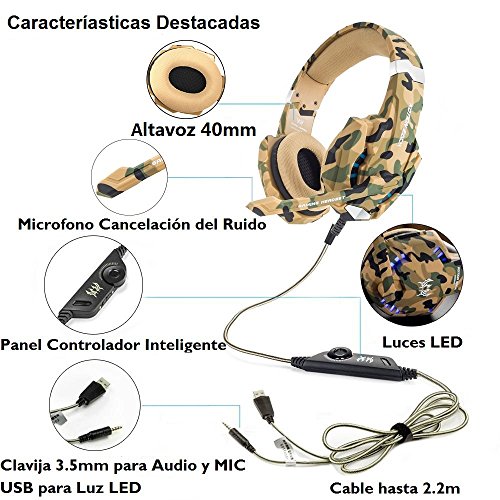 VersionTECH. Auriculares Gaming Estéreo Con Micrófono Gaming Headset Profesional Bass Over-Ear Con 3.5mm Jack,Luz LED,Bajo Ruido Compatible Para PC (Camuflaje)