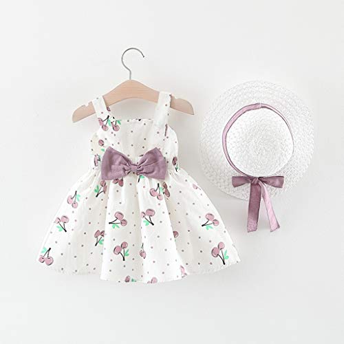 Vestido Bebé Niña Elegante - Falda Corta de Niña Sin Manga + Sombrero de Sol con Lazo Conjunto de 2 Piezas - Vestido Bebés Playa para Cumpleaños, Vacaciones