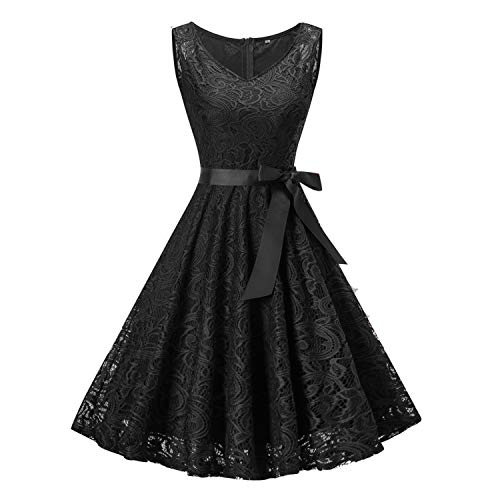 Vestido de túnica de encaje floral vintage para mujer, sin mangas, cuello en V, elegante, para fiesta, estilo retro de los años 50