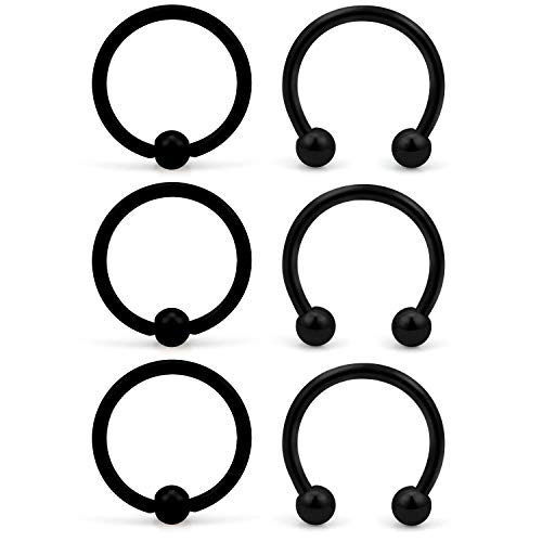 VFUN 6 Piezas 16G 316L Acero Inoxidable Piercing Nariz Anillo Aros Cartilago Septum Labio Helix Tragus Ceja Piercing Oreja Piercing 8mm - Negro