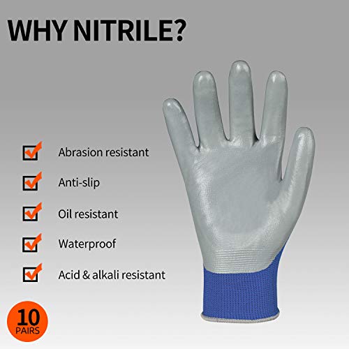 Vgo 10-Pares Guantes Nitrilo, Guantes de Jardinería y Guantes de Trabajo Multifuncionales (Azul, Talla 7/S, NT2110)