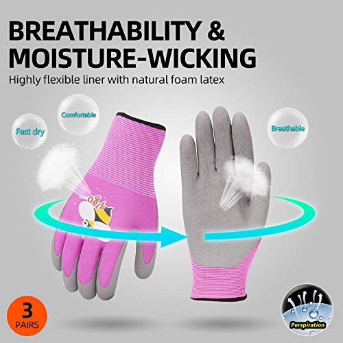 Vgo 3-Pares de Guantes de Jardinería con Revestimiento de Látex de Espuma Natural para Niños para Trabajo Ligeros, Actividad al Aire Libre (XXXS - Edad 2-4, Verde, Azul y Rosa, KID-RB6013)