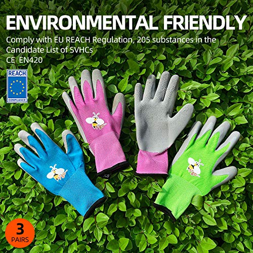 Vgo 3-Pares de Guantes de Jardinería con Revestimiento de Látex de Espuma Natural para Niños para Trabajo Ligeros, Actividad al Aire Libre (XXXS - Edad 2-4, Verde, Azul y Rosa, KID-RB6013)