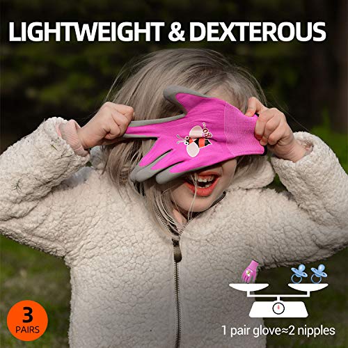 Vgo 3-Pares de Guantes de Jardinería con Revestimiento de Látex de Espuma Natural para Niños para Trabajo Ligeros, Actividad al Aire Libre (XXXS - Edad 2-4, Verde, Azul y Rosa, KID-RB6013)
