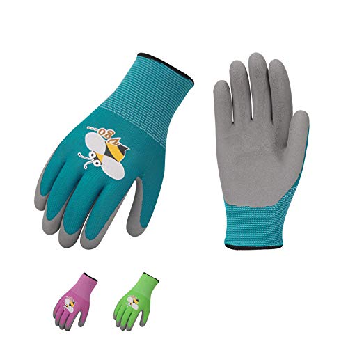 Vgo 3-Pares de Guantes de Jardinería con Revestimiento de Látex de Espuma Natural para Niños para Trabajo Ligeros, Actividad al Aire Libre (XXXS - Edad 2-4, Verde, Azul y Rosa, KID-RB6013)