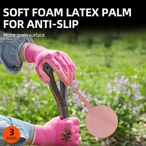 Vgo 3Pares Guantes látex mujer de jardinería y guantes de trabajo de revestimiento con gomaespuma (3Colores, 7/S, RB6013)