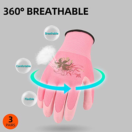 Vgo 3Pares Guantes látex mujer de jardinería y guantes de trabajo de revestimiento con gomaespuma (3Colores, 7/S, RB6013)