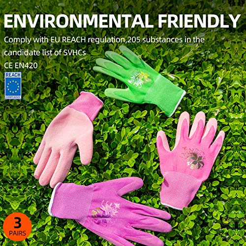 Vgo 3Pares Guantes látex mujer de jardinería y guantes de trabajo de revestimiento con gomaespuma (3Colores, 7/S, RB6013)