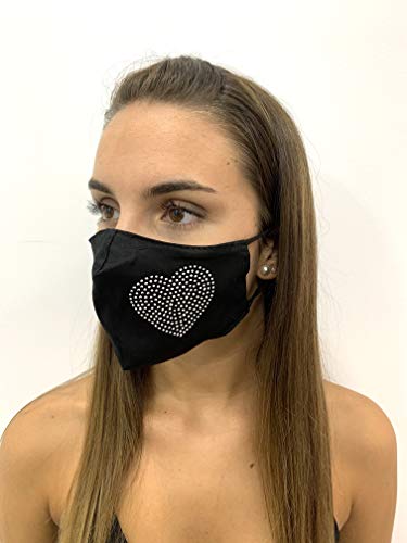 Viannchi- Mascarilla lavable de Mujer, Talla M, color Negro, con aplicación corazón Strass plata, protección de filtración alta, fabricada en España.