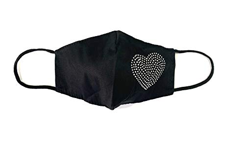 Viannchi- Mascarilla lavable de Mujer, Talla M, color Negro, con aplicación corazón Strass plata, protección de filtración alta, fabricada en España.