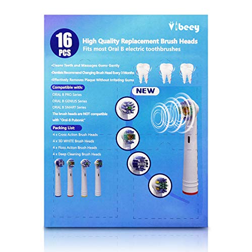Vibeey 16 Recambios Cepillo para Braun Oral B, 4 Tipos de Cabezales de Cepillo de Dientes: 4 Cross, 4 Precision, 4 Floss y 4 3D White,Cabezales de Cepillo para Cepillos de Dientes Eléctricos Oral B