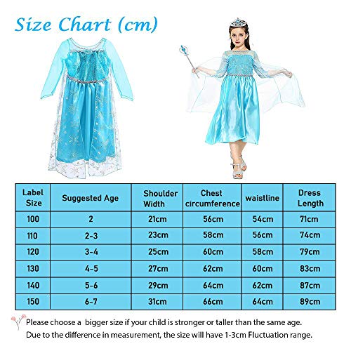 Vicloon - Disfraz de Princesa Elsa - Reino de Hielo - Vestido de Cosplay de Carnaval, Halloween y la Fiesta de Cumpleaños, Color Azul, Talla 120