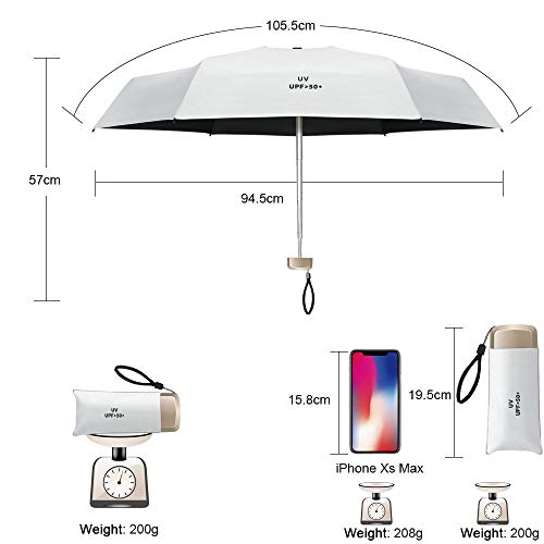 Vicloon Mini Paraguas, Paraguas de Viaje Portátil 6 Varillas, Paraguas Plegables con 210T Negro Tela de Goma, Aleación de Aluminio de Costilla & Mango Dorado, Resistencia UV & Impermeable - Blanco