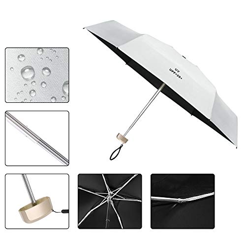 Vicloon Mini Paraguas, Paraguas de Viaje Portátil 6 Varillas, Paraguas Plegables con 210T Negro Tela de Goma, Aleación de Aluminio de Costilla & Mango Dorado, Resistencia UV & Impermeable - Blanco