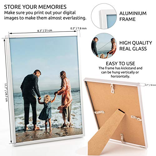 Victoria Collection Marco de Fotos - Moderno Marco de Aluminio para Fotos y Diplomas Tamaño A4 - Ideal para Hogar y Escritorio de Oficina - Vidrio Real Cumpleaños y Navidad