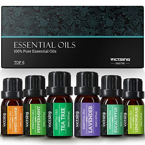 VicTsing 6*10ml Aceites Esenciales para Difusor,100% Puro Natural Set de Regalo de Perfume de Aceites,-Naranja Dulce, Lavanda, Arbol de Té, Hierba de Limón, Eucalipto y Menta,etc.Morado