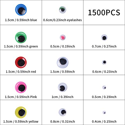 Viesap Autoadhesivo Ojos,1500 Piezas Adhesivos Ojos de Plástico Móviles Manualidades Ojos,Wiggle Wobbly Móviles Ojos para DIY Scrapbooking Artesanía Accesorios de Juguete,Varios Colores y Tamaños.