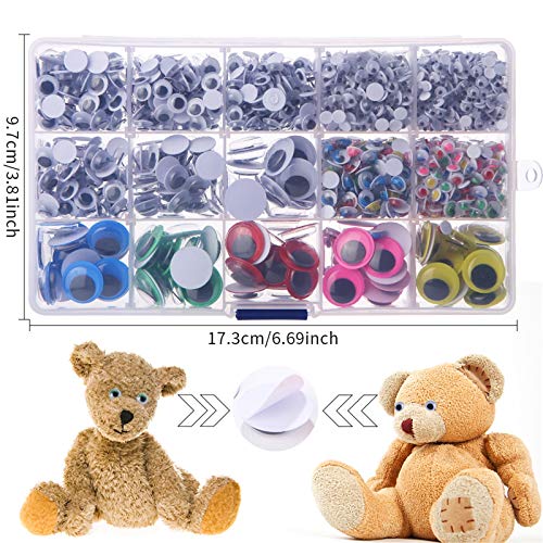 Viesap Autoadhesivo Ojos,1500 Piezas Adhesivos Ojos de Plástico Móviles Manualidades Ojos,Wiggle Wobbly Móviles Ojos para DIY Scrapbooking Artesanía Accesorios de Juguete,Varios Colores y Tamaños.