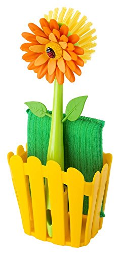 VIGAR Flower Power Set Fregador con Cepillo y Estropajo de Color Amarillo, Multicolore, 11 x 6.5 x 25 cm