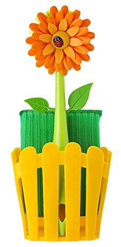 VIGAR Flower Power Set Fregador con Cepillo y Estropajo de Color Amarillo, Multicolore, 11 x 6.5 x 25 cm