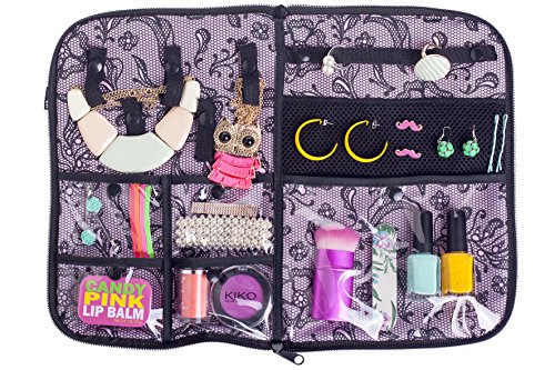 VIGAR Lulu Joyero de Viaje, Material: Tela Estampada Polyester. Banda Interior Acolchada: Poliamida. Bolsillos: PVC Transparente, Rosa/Negro, 19.5 x 2.5 x 28.50 cm