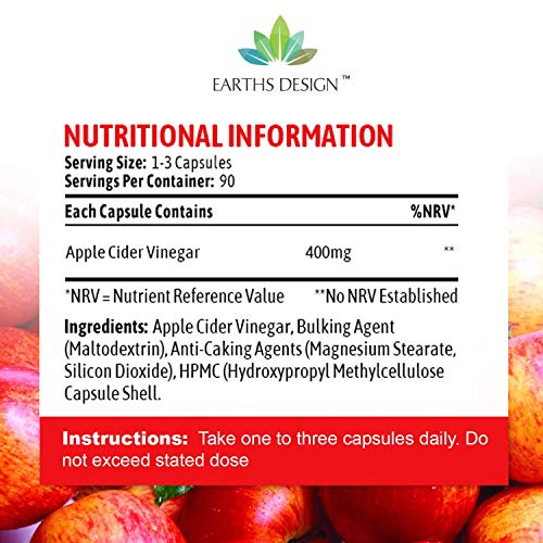 Vinagre de Sidra de Manzana - 400 mg - Apple Cider Vinegar - 90 Cápsulas (Suministro Para 3 Meses) de Earths Design