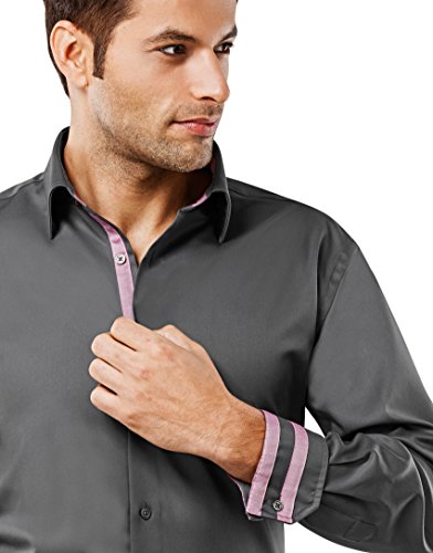 Vincenzo Boretti Camisa de Hombre, Ajustada Entallada (Slim-fit), 100% algodón, Manga-Larga, Cuello Kent, con entredós de Contraste, Lisa - no Necesita Plancha Gris Oscuro/Vino Tinto 39-40