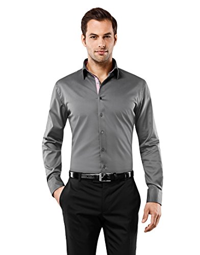 Vincenzo Boretti Camisa de Hombre, Ajustada Entallada (Slim-fit), 100% algodón, Manga-Larga, Cuello Kent, con entredós de Contraste, Lisa - no Necesita Plancha Gris Oscuro/Vino Tinto 39-40
