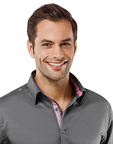 Vincenzo Boretti Camisa de Hombre, Ajustada Entallada (Slim-fit), 100% algodón, Manga-Larga, Cuello Kent, con entredós de Contraste, Lisa - no Necesita Plancha Gris Oscuro/Vino Tinto 39-40