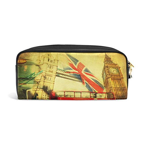 Vintage Textured Collage Of Iconic Symbols Lond Portátil PU Estuche de lápices de cuero Bolígrafos escolares Bolso fijo Estuche de gran capacidad Maquillaje Bolsa de cosméticos