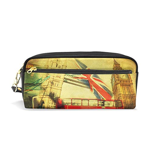 Vintage Textured Collage Of Iconic Symbols Lond Portátil PU Estuche de lápices de cuero Bolígrafos escolares Bolso fijo Estuche de gran capacidad Maquillaje Bolsa de cosméticos