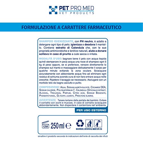VIROSAC 140110 - Champú higienizante y Antibacteriano Pet Pro Med, 250 ml, con extracto de caléndula