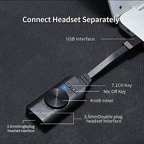 Virtual 7.1-Channel USB Sound Card Adapter KEKU External 2.0 Audio Stereo Sound Card Converter, 3.5mm Headset Headphone PC Laptop Desktop Windows Mac OS Linux, PS4, Plug & Play, (Black)