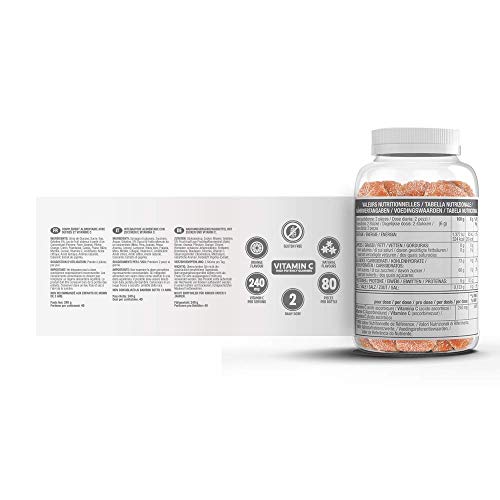 VITALDIN Vitamina C gummies - 240 mg por dosis diaria - 80 gominolas (suministro para 1 mes aprox.), sabor a Naranja - Refuerza el Sistema Inmunitario - Sin Gluten - Apto para Niños & Adultos