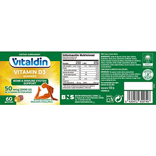 VITALDIN Vitamina D3 gummies - 2.000 IU por dosis diaria - 60 gominolas (suministro para 1 mes); sabor a Frutas - Vitamina D para Sistema Inmunitario & Huesos - Sin Gluten - Apto para Niños & Adultos