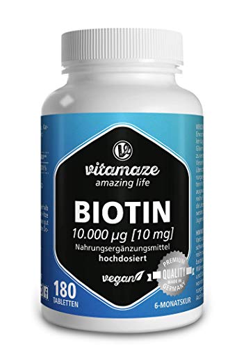 Vitamaze® Biotina 10000 mcg de Alta Dosis y Vegana, 180 Tabletas para 6 Meses, Vitamina B7, 10 mg de Biotina pura para la Piel y el Crecimiento del Cabello, Suplemento sin Aditivos Innecesarios