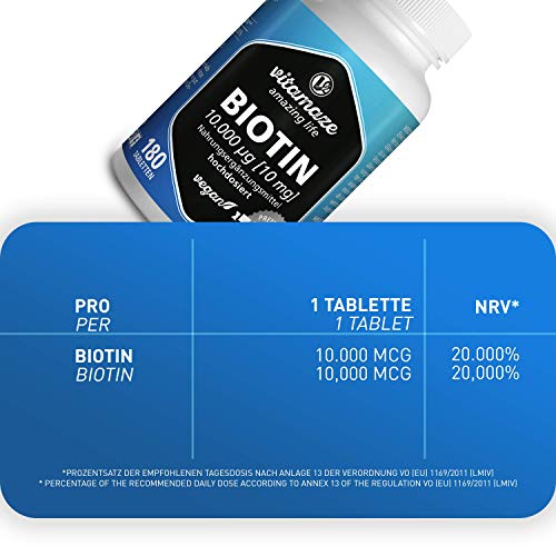 Vitamaze® Biotina 10000 mcg de Alta Dosis y Vegana, 180 Tabletas para 6 Meses, Vitamina B7, 10 mg de Biotina pura para la Piel y el Crecimiento del Cabello, Suplemento sin Aditivos Innecesarios