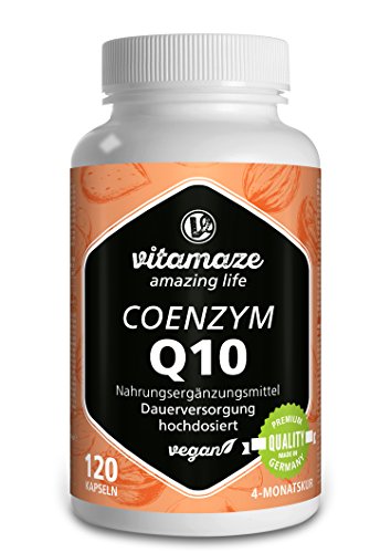 Vitamaze® Coenzima Q10 200 mg por Cápsula Vegano, 120 Cápsulas para 4 Meses, Contiene Ubiquinona, Naturales Antioxidantes de la Mejor Biodisponibilidad, Calidad Alemana, sin Aditivos Innecesarios