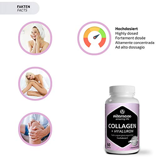 Vitamaze® Colágeno Puro + Ácido Hialurónico Cápsulas + Condroitina + Lisina, 600 mg de Colágeno al Día, 60 Cápsulas durante 1 Mes, Suplementos sin Aditivos Innecesarios, Calidad Alemana