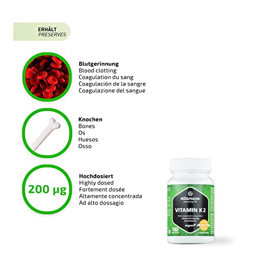Vitamaze® Vitamina K2 MK-7 200 mcg Altamente Dosificada, Menaquinona, 180 Comprimidos per 6 Meses, Calidad Alemana, Suplementos Alimenticio sin Aditivos Innecesarios