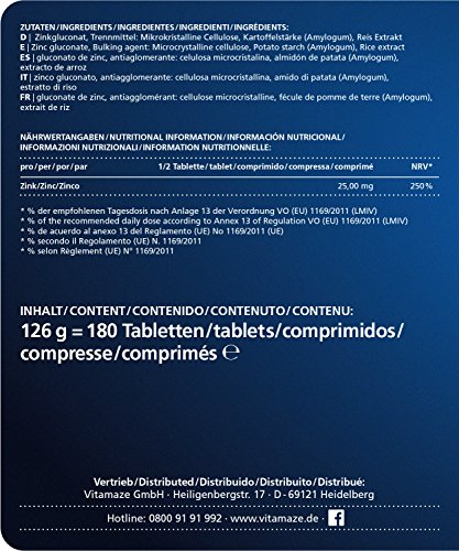 Vitamaze® Zinc 25 mg Tabletas, 180 Pastillas Vegano para 12 Meses, la Mejor Biodisponibilidad, Natural Pura Suplemento Alimenticio sin Aditivos Innecesarios, Calidad Alemana