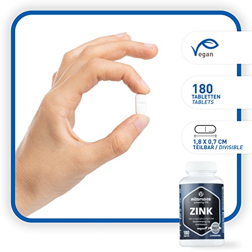 Vitamaze® Zinc 25 mg Tabletas, 180 Pastillas Vegano para 12 Meses, la Mejor Biodisponibilidad, Natural Pura Suplemento Alimenticio sin Aditivos Innecesarios, Calidad Alemana