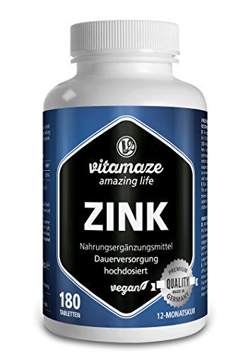 Vitamaze® Zinc 25 mg Tabletas, 180 Pastillas Vegano para 12 Meses, la Mejor Biodisponibilidad, Natural Pura Suplemento Alimenticio sin Aditivos Innecesarios, Calidad Alemana