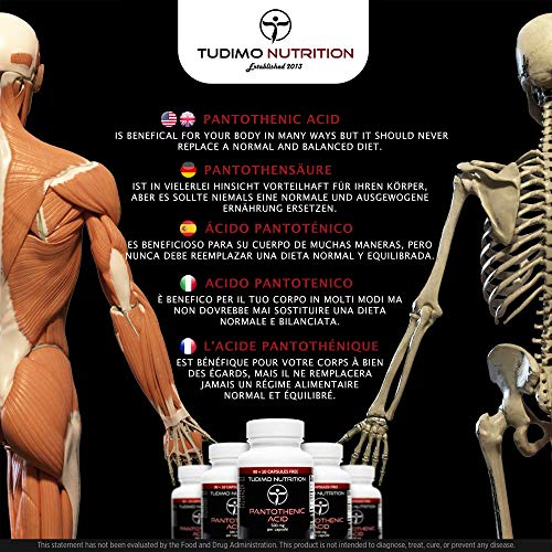 Vitamina B5 500 mg Ácido Pantoténico Cápsulas – 100 pzas (3+ Meses de provisión) de Cápsulas de Desintegración Rápida, cada una con 500mg de polvo de Ácido Pantoténico de Calidad Premium